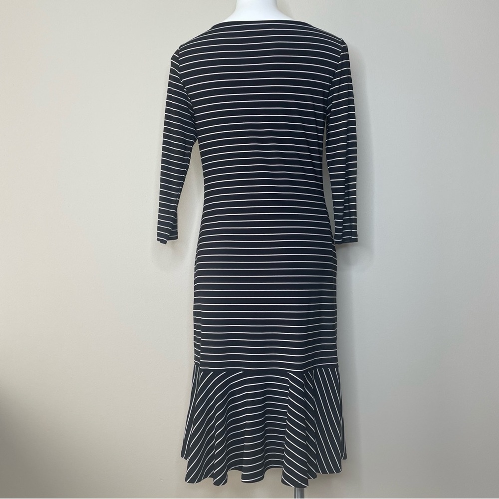 Lauren Ralph Lauren Black and White Striped Long Sleeve Dress with Flounced Hem - Picture 2 of 5
